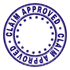 CLAIM APPROVED stamp seal watermark with grunge texture. Designed with round shapes and stars. Blue vector rubber print of CLAIM APPROVED tag with grunge texture.