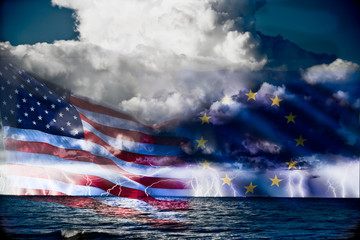 Trade conflict,  USA flag against European flag,conceptuall image with a sea thunderstorm and the flag of usa and europe.