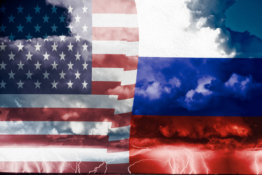 Conflict between USA and russia, conceptuall image witth a sea thunderstorm and the flag of russia and usa, ongoing conflict   between the two country