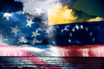 Conflict between USA and Venezuela, conceptuall image witth a sea thunderstorm and the flag of...