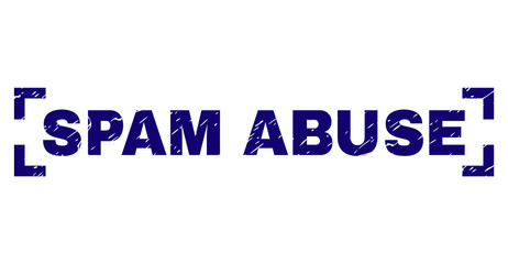 SPAM ABUSE title seal stamp with corroded texture. Text caption is placed inside corners. Blue vector rubber print of SPAM ABUSE with corroded texture.