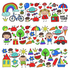 Obraz na płótnie Canvas Kindergarten pattern with cute children and toys. Kids drawing style illustration