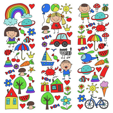 Kindergarten pattern with cute children and toys. Kids drawing style illustration
