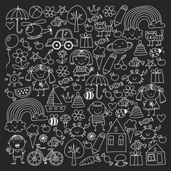Kindergarten pattern with cute children and toys. Kids drawing style illustration