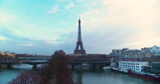 Drone shot of the Eiffel Tower on a cloudy day