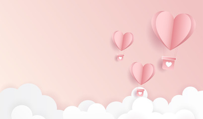Happy valentine day. Origami made hot air balloon flying on pastel pink background for copy space. minimal concept. Vector Illustration