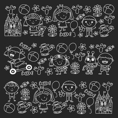 Children with toys. Colorful pattern for kindergarten posters.