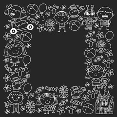 Children with toys. Colorful pattern for kindergarten posters.