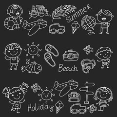 Vector pattern with children icons. Summer vacation at seashore, sea, ocean, beach. Small kids having fun.