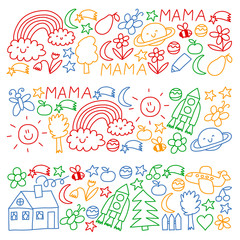 Children drawing. Colorful vector pattern with toys, space, planet