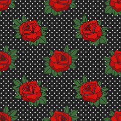 Rockabilly roses & polka dots seamless pattern - obrazy, fototapety, plakaty