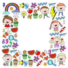 Fototapeta na wymiar Vector pattern with kindergarten, school children. Happy children illustration.