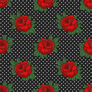 Rockabilly roses & polka dots seamless pattern
