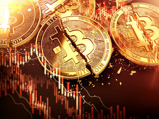 Cracked or damaged golden Bitcoin coins and red downtrend diagrams overlay. Bitcoin investment loss and price falling concept. 3D rendering