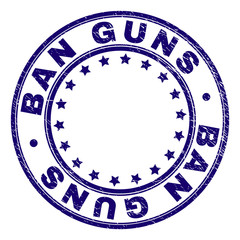 BAN GUNS stamp seal watermark with grunge texture. Designed with circles and stars. Blue vector rubber print of BAN GUNS text with scratched texture.