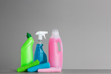 Green set for spring cleaning. Neutral background, place for text.