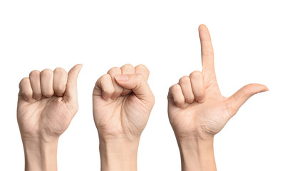 Woman showing letters ASL on white background. Sign language