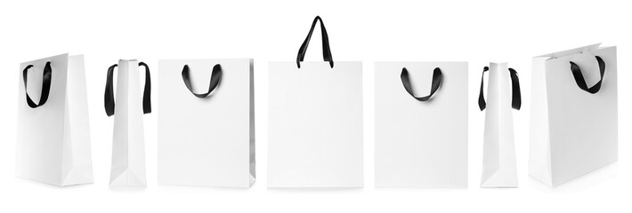 Set of paper bags for shopping on white background. Mockup for design
