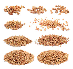Set of uncooked buckwheat on white background
