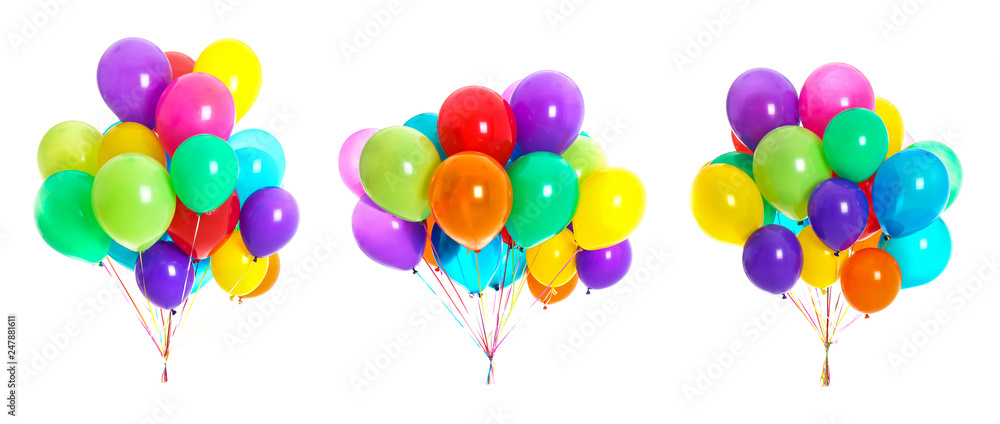 Poster Set of bunches with colorful air balloons on white background