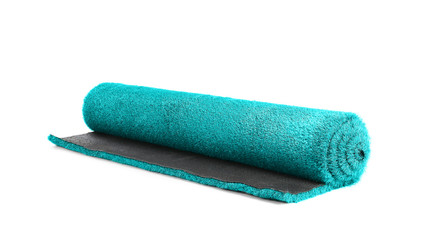 Rolled artificial grass carpet on white background. Exterior element
