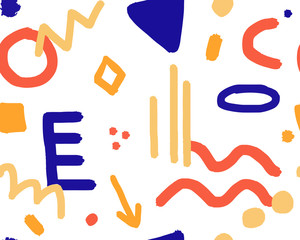 Brush hand drawn vector seamless pattern. Yellow, blue, red, orange spots and lines isolated on white background. Unique abstract texture for invitations, cards, websites, wrapping paper, textile