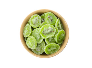 Bowl with slices of kiwi on white background, top view. Dried fruit as healthy food