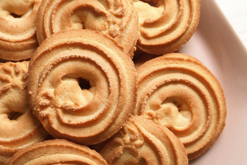Plate with Danish butter cookies, top view