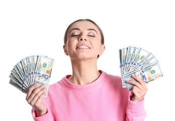 Portrait of young woman holding money banknotes on white background