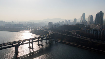 Seoul taken with a drone, Korea. bridges across the river