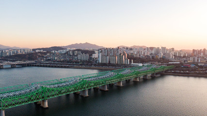 Seoul taken with a drone, Korea. bridges across the river