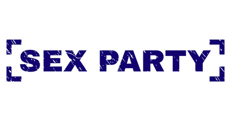 SEX PARTY tag seal imprint with corroded texture. Text tag is placed inside corners. Blue vector rubber print of SEX PARTY with dust texture.