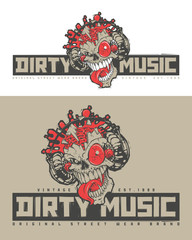 Steep skull explodes from the music from the headphones. Street style. Vector label for t-shirt design