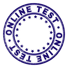 ONLINE TEST stamp seal watermark with grunge texture. Designed with circles and stars. Blue vector rubber print of ONLINE TEST tag with grunge texture.