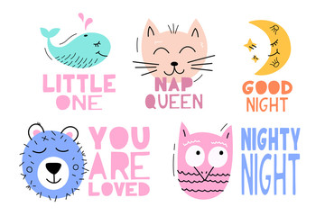 Set Cute vector animal with lettering baby phrase - illustration cut out from actual paper. Scrapbook element. Art poster for nursery or kids room poster