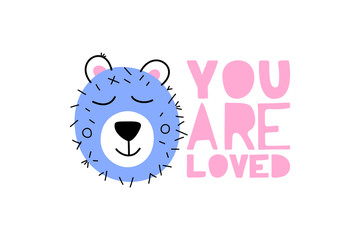 Cute vector bear with phrase you are loved - illustration cut out from actual paper. Scrapbook element. Art poster for nursery or kids room poster