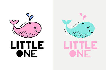 Cute vector whale with phrase little one - illustration cut out from actual paper. Scrapbook element. Art poster for nursery or kids room poster