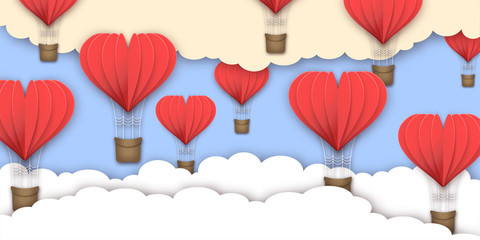 Love or Valentine's day background with heart shaped hot air balloons flying through clouds. Romantic paper art and origami style vector illustration 