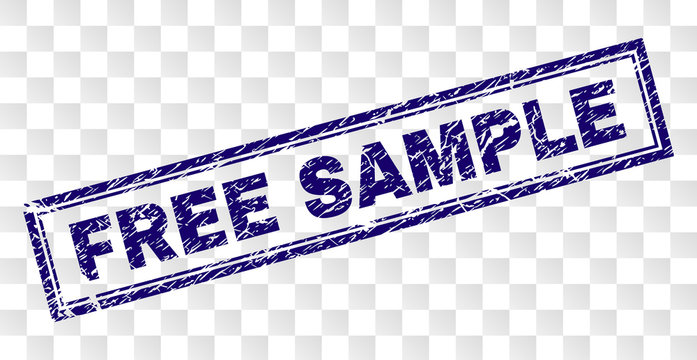 FREE SAMPLE stamp seal print with dirty style and double framed rectangle shape. Stamp is placed on a transparent background. Blue vector rubber print of FREE SAMPLE tag with grunge texture.