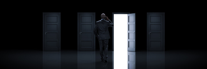  Businessman choosing the right door. 3d rendering