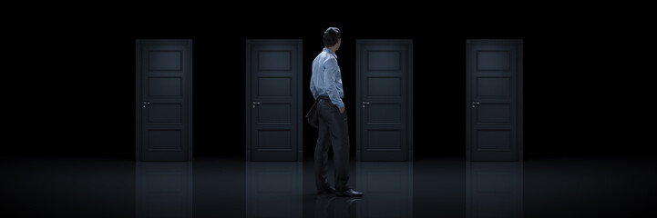  Businessman choosing the right door. 3d rendering