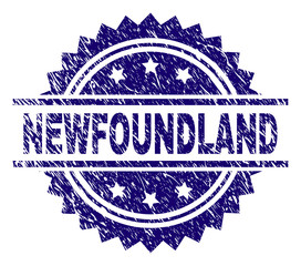 NEWFOUNDLAND stamp seal watermark with distress style. Blue vector rubber print of NEWFOUNDLAND caption with scratched texture.