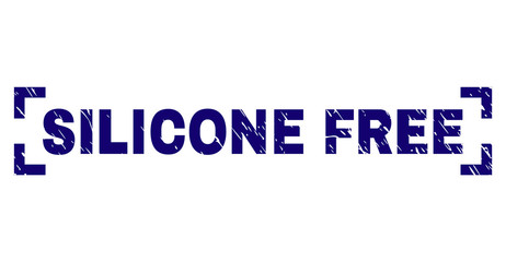 SILICONE FREE text seal watermark with distress texture. Text tag is placed inside corners. Blue vector rubber print of SILICONE FREE with scratched texture.