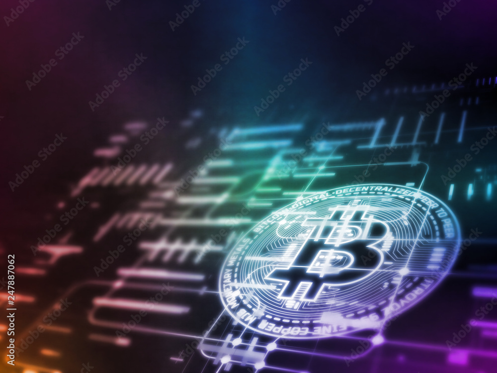 Poster 3d rendering of bitcoin (btc) on glowing abstract led data and circuit diagram. for crypto currency 