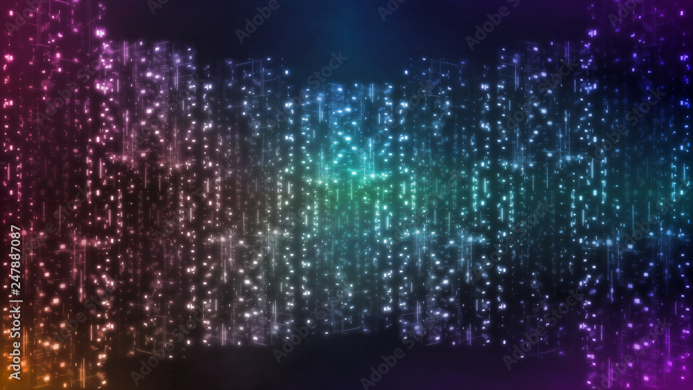 Poster 3d rendering of abstract digital city concept. buildings created from glowing colorful dots and line