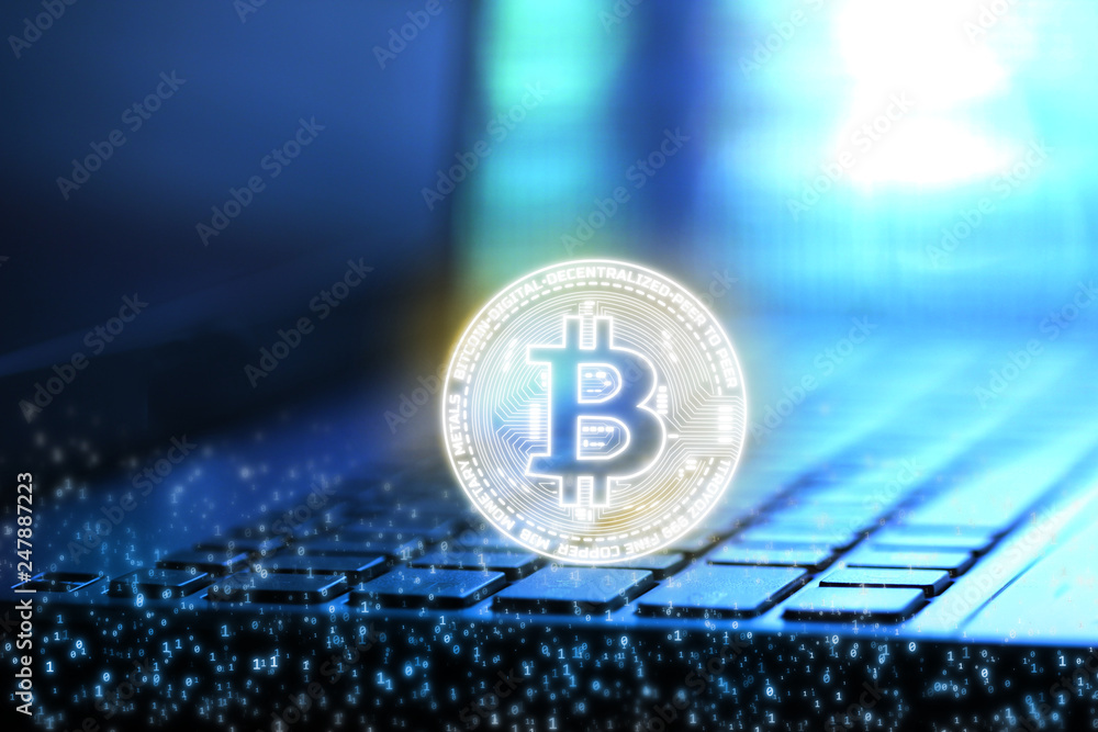 Poster 3d rendering of bitcoin (btc) and binary digital number overlay on blur notebook and keyboard backgr