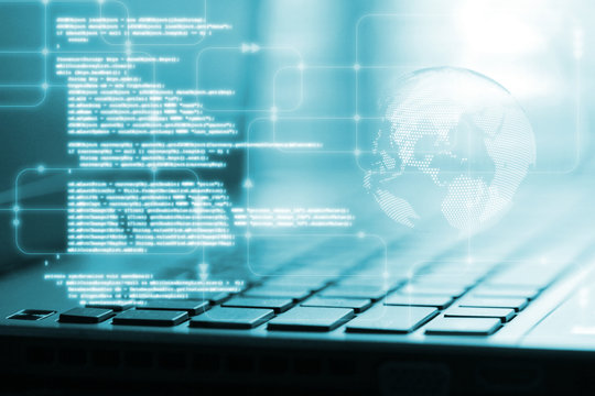 Programming concept. Computer software script binary coding snippet on data science diagram and globe sphere background. For software development life cycle (SDLC), CMMI, Agile, Scrum technology
