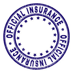 OFFICIAL INSURANCE stamp seal imprint with grunge texture. Designed with circles and stars. Blue vector rubber print of OFFICIAL INSURANCE label with grunge texture.