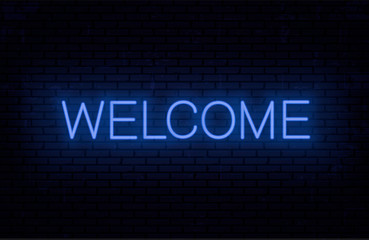 Welcome - blue neon text.