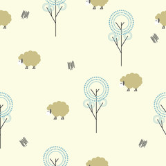 Geometric seamless pattern in scandinavian style. Simple flat trees, sheep and doodle elements. Map texture. Minimalist vector background for your design.